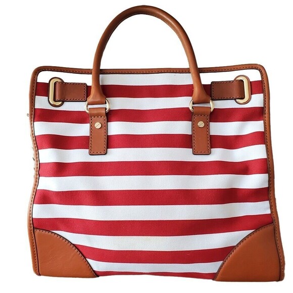Michael Kors Hamilton Large Leather Canvas Tote Shoulder Bag Red White Striped - Picture 1 of 9